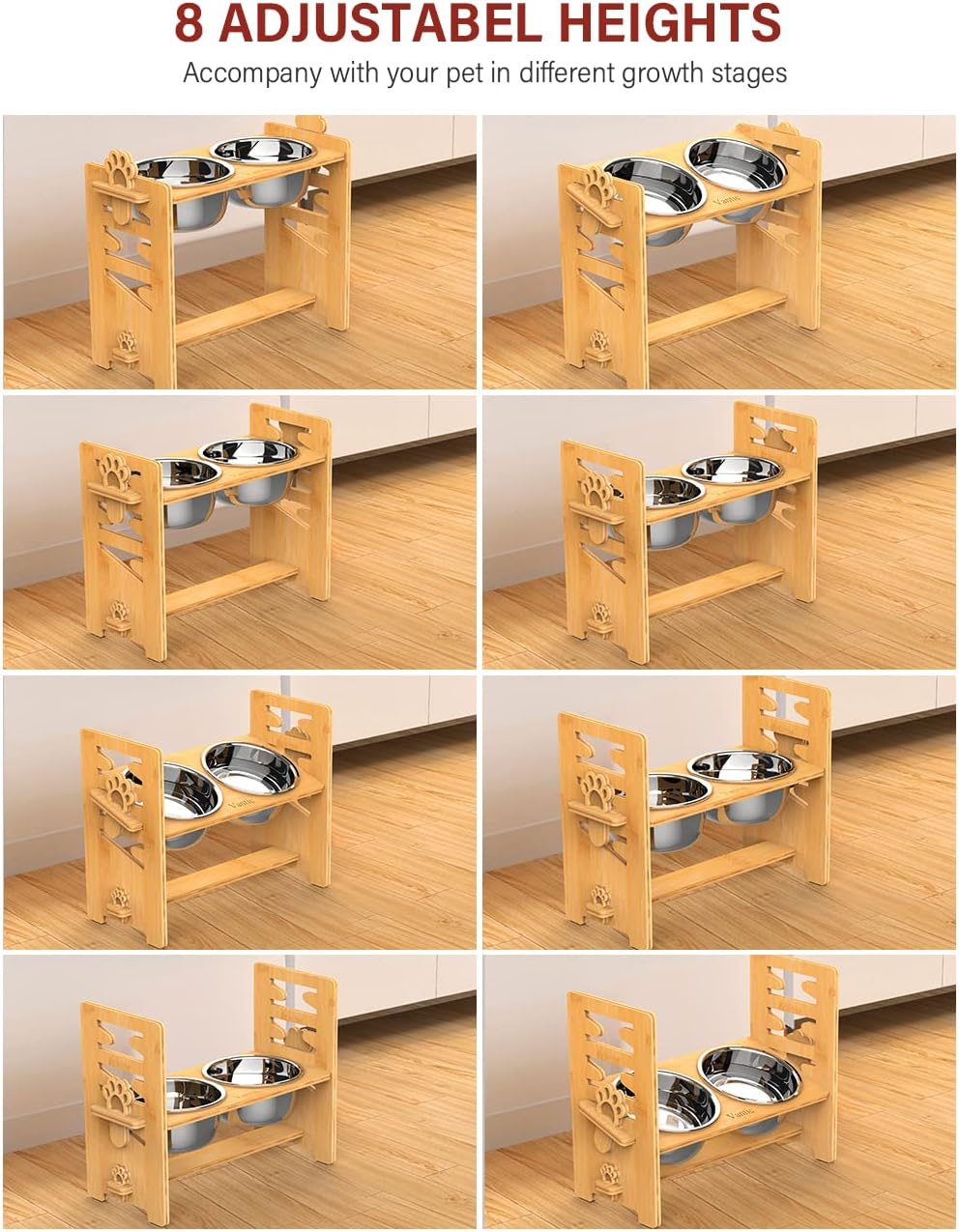 Elevated Dog Bowls, Raised Dog Bowl Stand Adjustable Small - Bamboo / Large / Without Mat - image 3