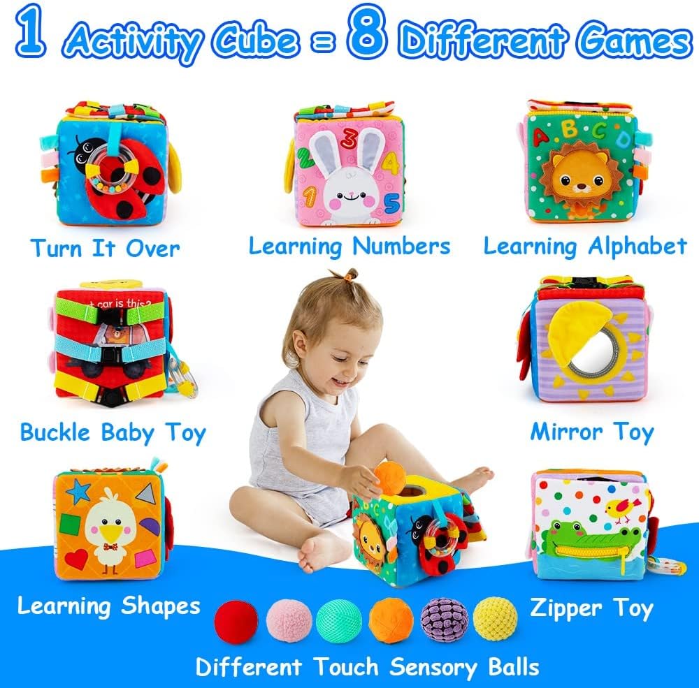 beetoy sensory Montessori busy cube for baby with buckles, zipper and six textured balls - view 2