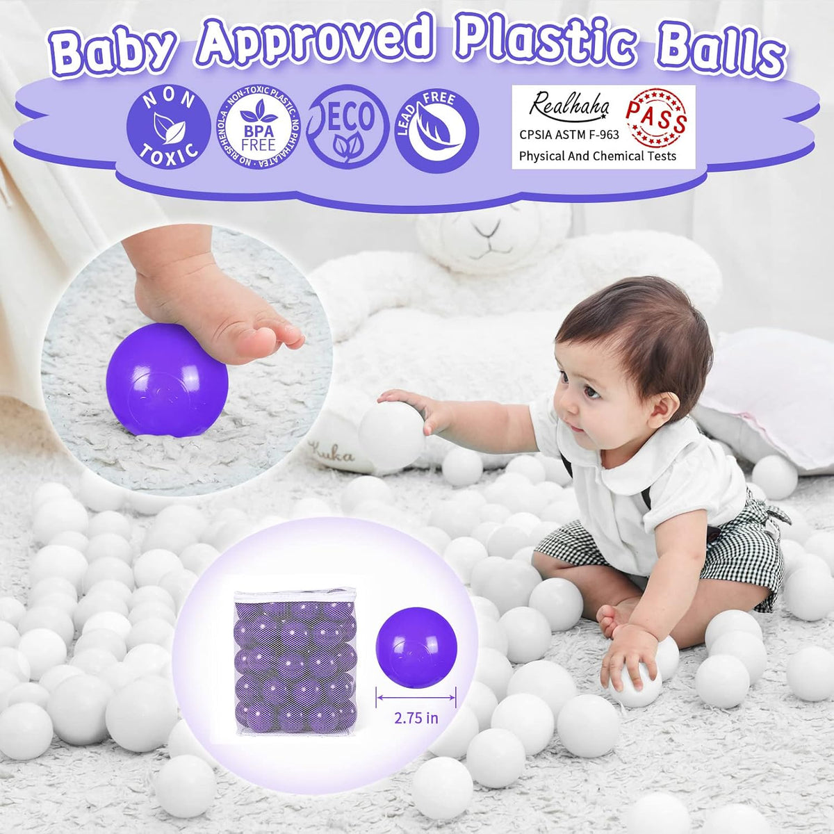 Realhaha plastic ball pit balls, 2.76 inches, in blue, pink, purple and yellow - view 15