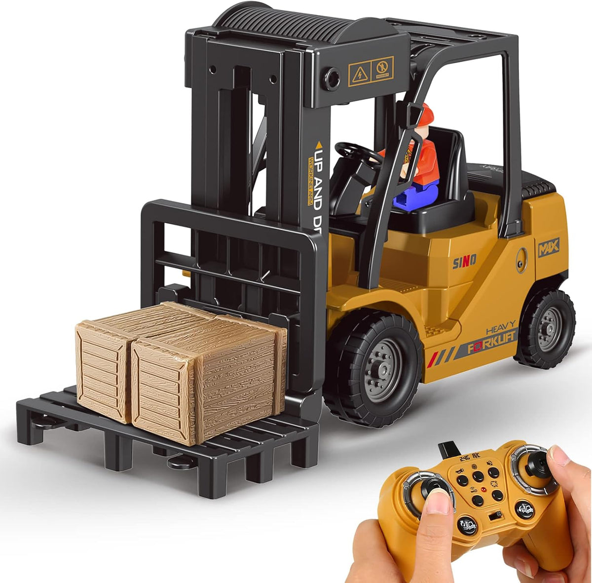 Leopmase 11 channel remote control forklift toy lifting a box with its fork raised - view 3