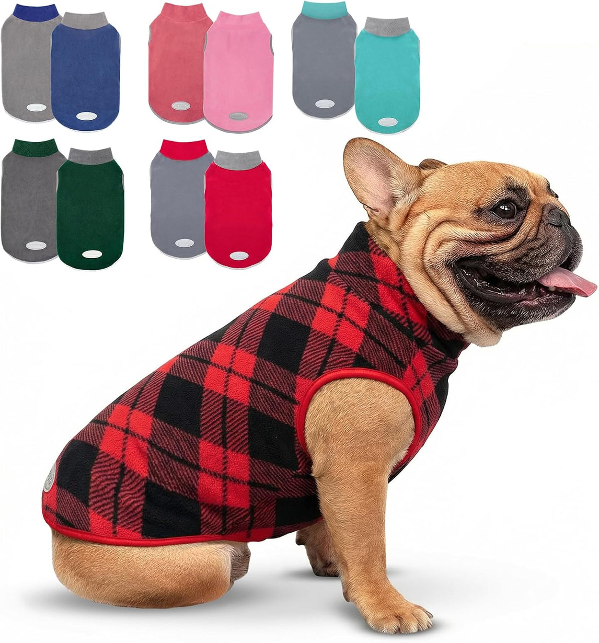 2 Pack Fleece Dog Sweater Pullover Lightweight Reflective Jacket – Essentials for Dogs - Red & Buffalo Plaid / Medium