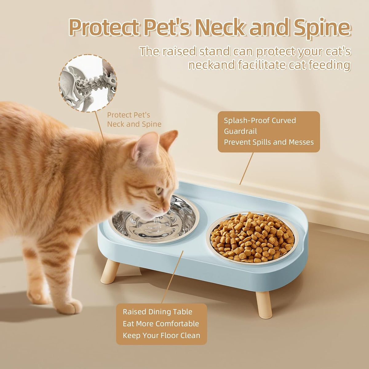 Elevated Cat Bowl, Raised Cat Food and Water Bowl Set for Indoor Cats, Splash Proof with 2 - Cat Bowls-Blue - image 3