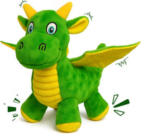 Squeaky Dog Toy, Plush Dragon with 5 Squeakers and Crinkle Wings - Green