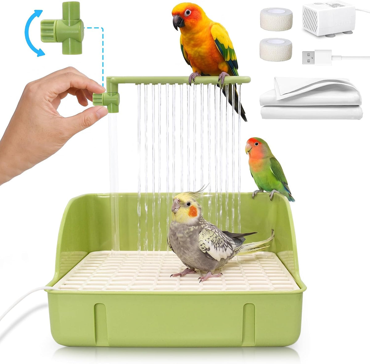 Automatic Parakeet Bird Bath with Pump - Green with Control Valve