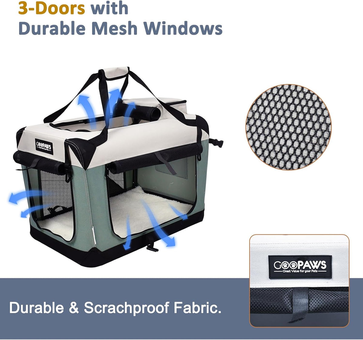 JESPET 3 Door Soft Dog Crates Kennel - 1-Shale Green / Small(24"L x 16.5"W x 16.5"H) - image 2
