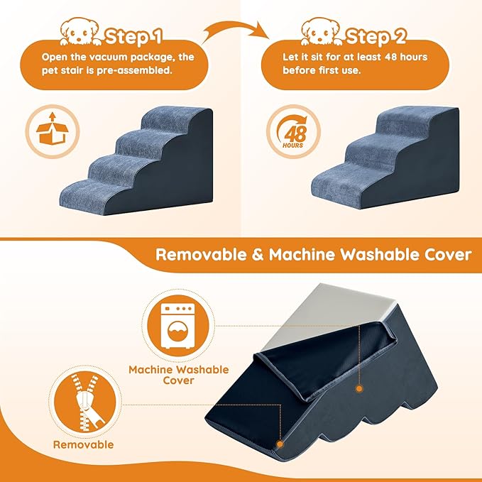 Pet Stairs for Small Dogs - 3-Step Curved Dog Ramp for Bed, Couch, Sofa, Car and Chairs - Non-Slip Bottom Design - High Density Foam Portable Pet Step - Navy