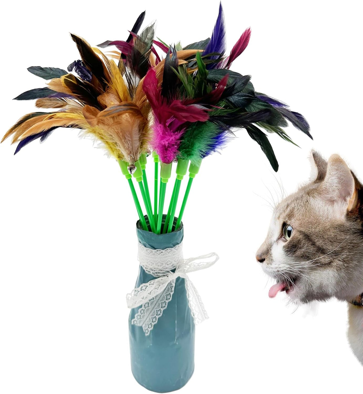Cat Wand Feather Toys, 6 Pieces Interactive Cat Feathers Teaser Toy for Indoor Cats Play – Essentials for Cats - 10PCS Cat Wand Toys - image 2