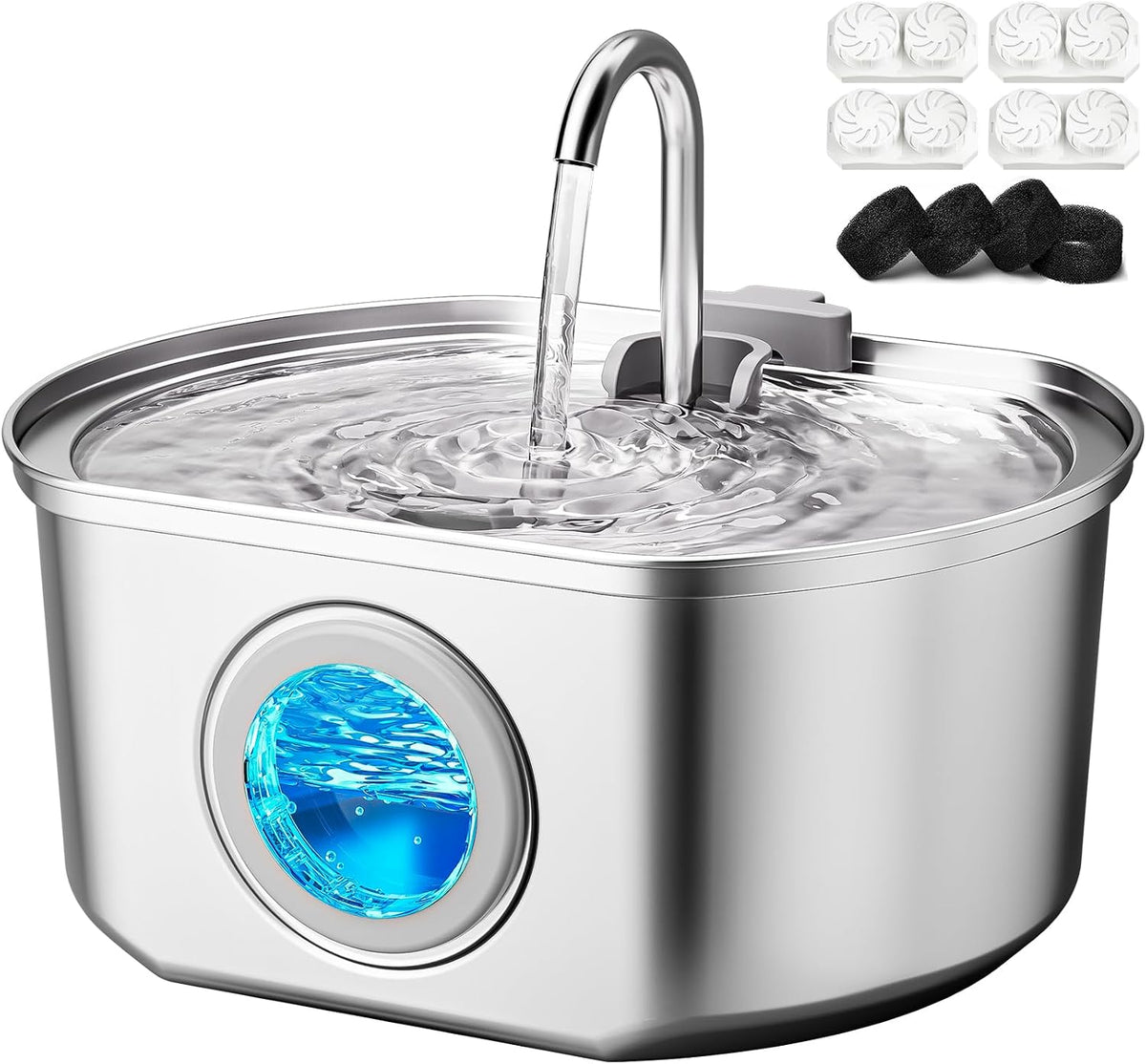 Cat Water Fountain Stainless Steel: 74oz/2.2L Cat Fountain - 108oz Fountain+4 Filters +4 Sponges