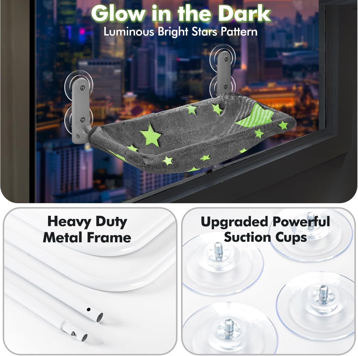 Glow in the Dark Cat Window Perch, Foldable Cordless Pet Hammock - 2PC Stars - M - image 3
