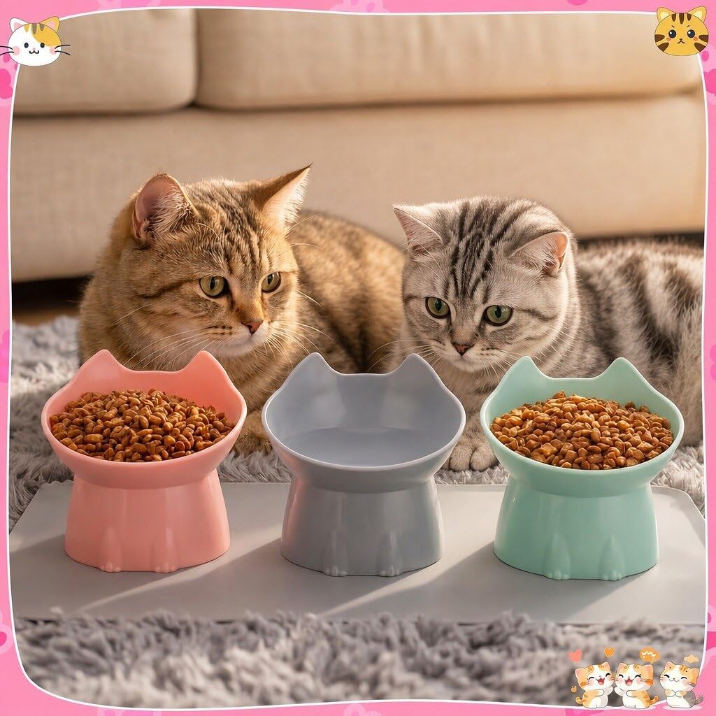 3 Pcs Raised Cat Bowl 15° Elevated Cat Food Bowl Tilted Cats Bowls - Pink, Green, Gray - image 4