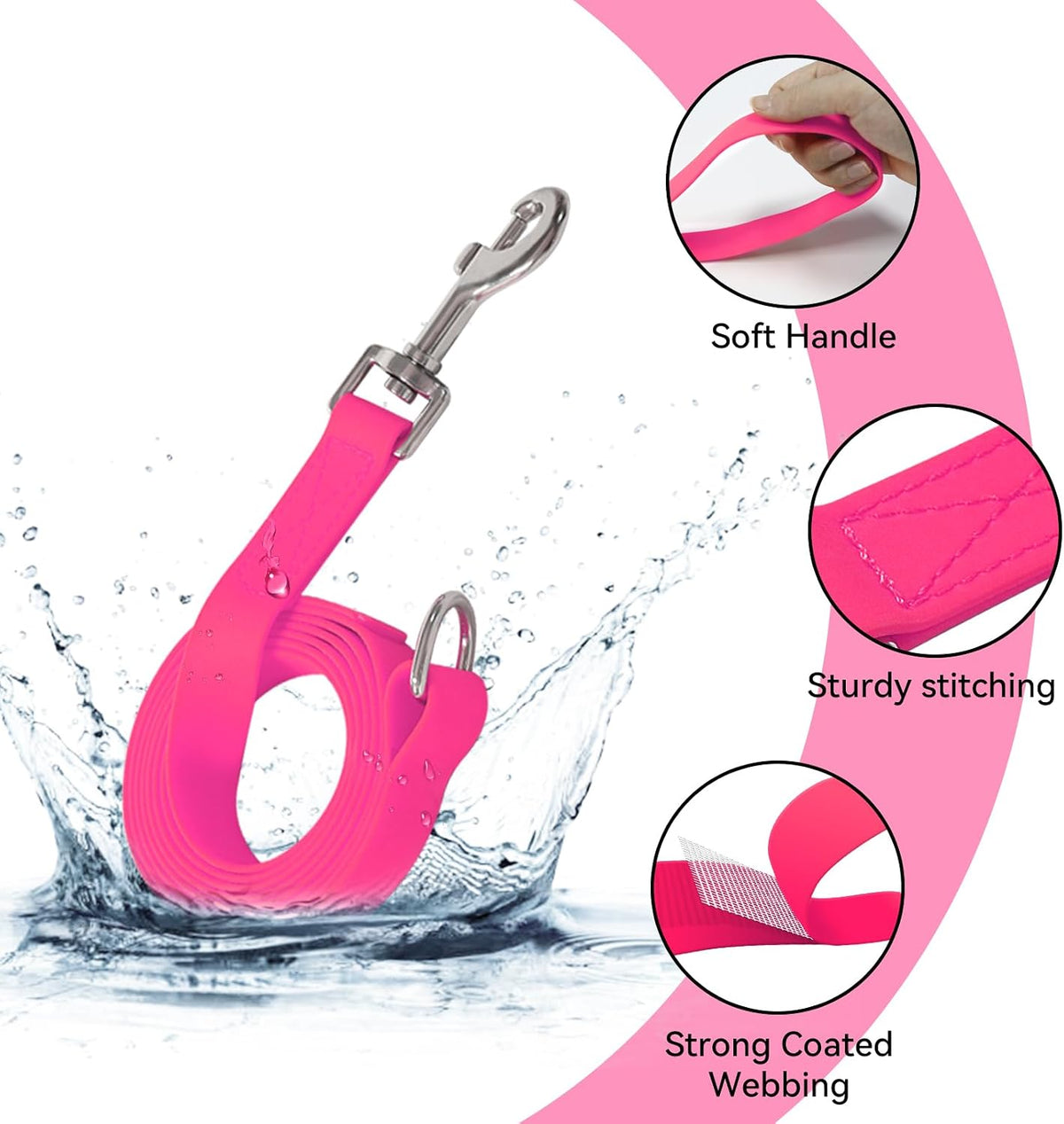 Waterproof Dog Leash, 5/6 FT Durable Odor-Proof Dog Leashes with Strong Metal Hooks Fits Small - Pink / 6FT - 1 inch Width - image 2