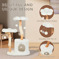 Cute Cat Tree Tower for Indoor Cats Adult, Wood Flower Cat Trees with 6 Pompoms, Modern Cat Tree Tower with Scratching Post, Aesthetic Luxury Cat Condo for Cats Kitten, Alpine White