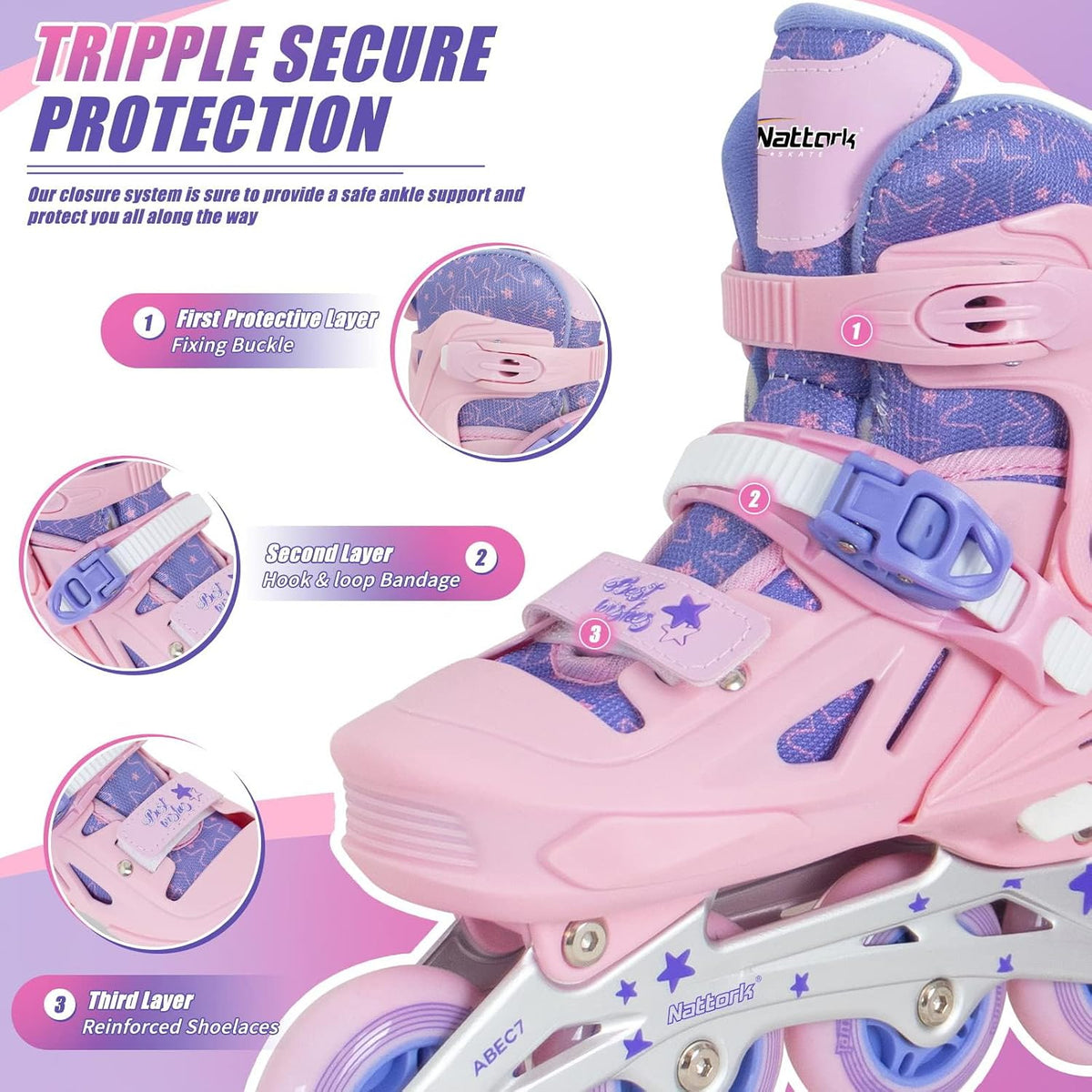 Nattork adjustable inline skates for kids with light-up wheels and checkerboard upper - view 21