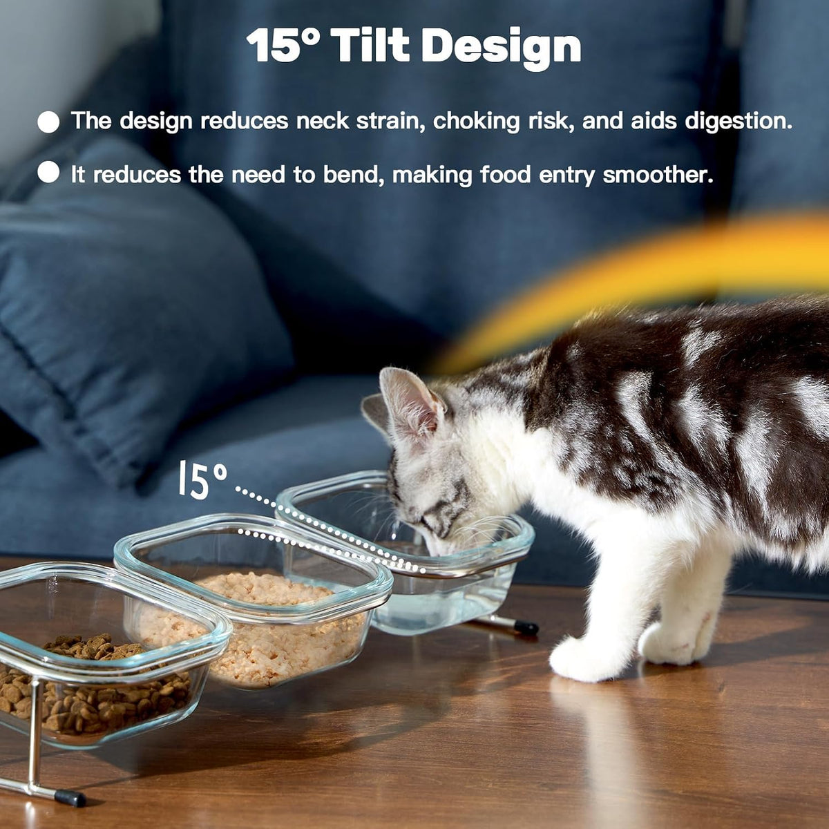Elevated Cat Bowls, 15° Tilted Glass Raised Cat Food and Water Bowl – Essentials for Cats - 3 Glass Bowls - image 2