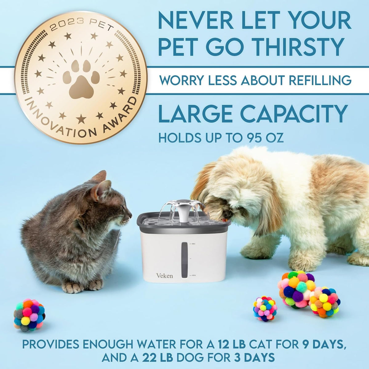 Veken Innovation Award Winner 95oz/2.8L Cat Water Fountain - Grey / 6 Filters+6 Sponges - image 2
