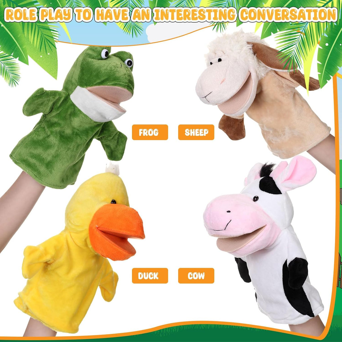 Roundfunny animal hand puppets set of 4: cow, frog, duck and sheep with movable mouths - view 12