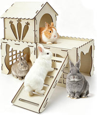 Large Wooden Bunny Hideout - 3 House and 1 Ladder