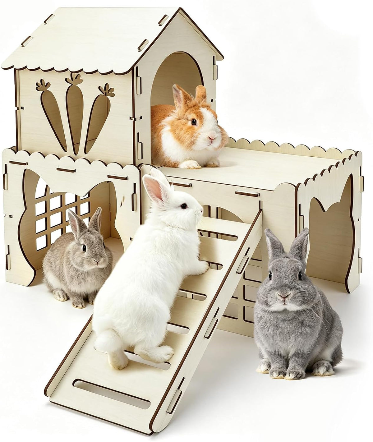 Large Wooden Bunny Hideout - 3 House and 1 Ladder