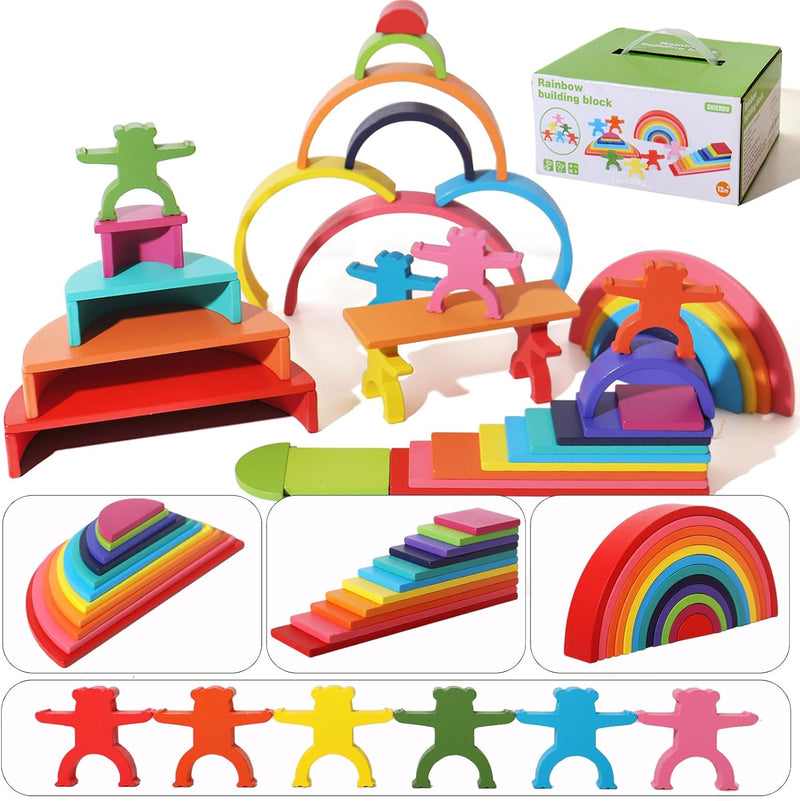 Dinhon wooden rainbow stacking toy with rainbow arches, semi-circle and rectangle blocks and six wooden dolls