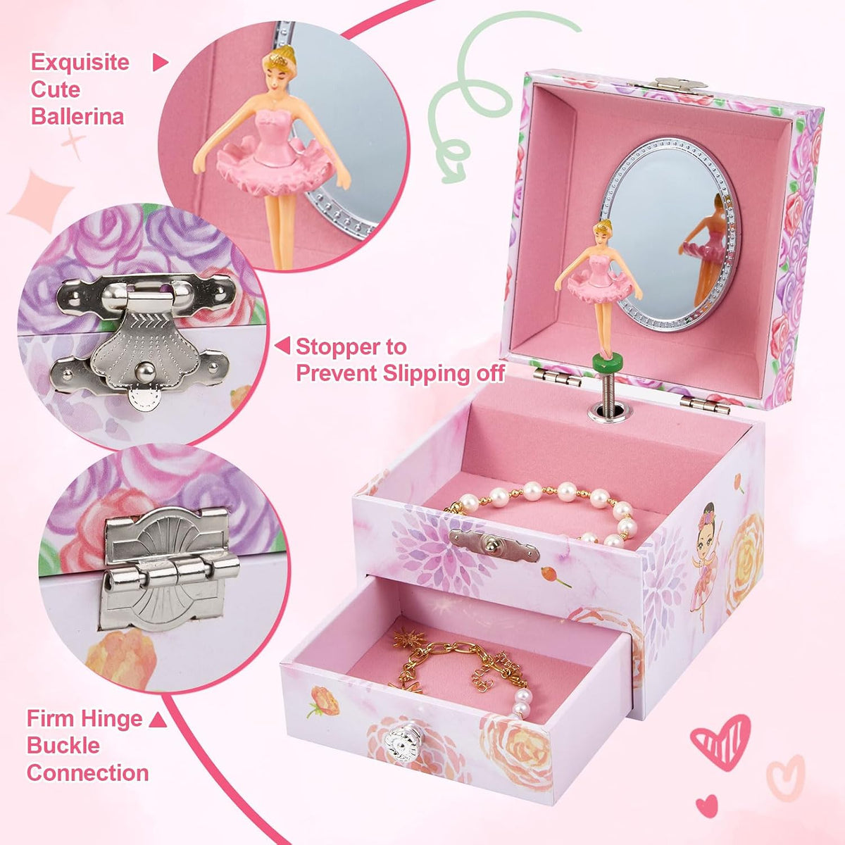 Girls Musical Jewelry Box with Drawer and Spinning Ballerina - Pink flower ballerina - image 2