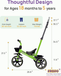 KRIDDO 2-in-1 Toddler Tricycle with Push Handle: Ages 18 Months to 5 - Green - image 2