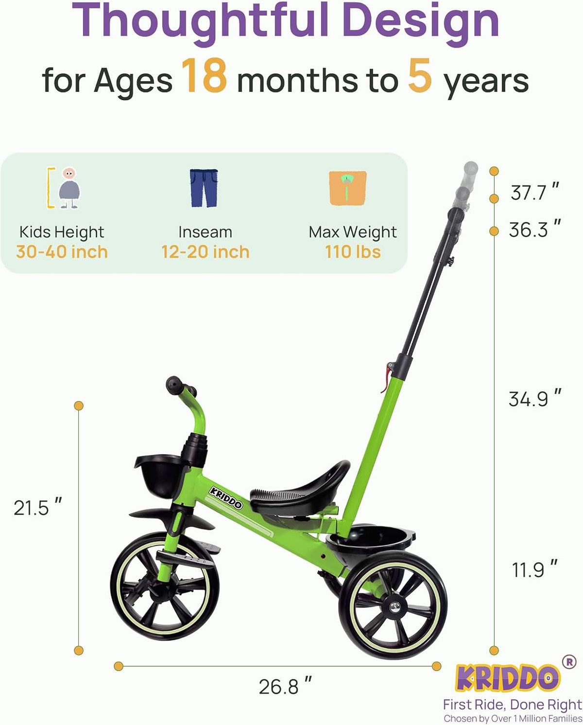 KRIDDO 2-in-1 Toddler Tricycle with Push Handle: Ages 18 Months to 5 - Green - image 2