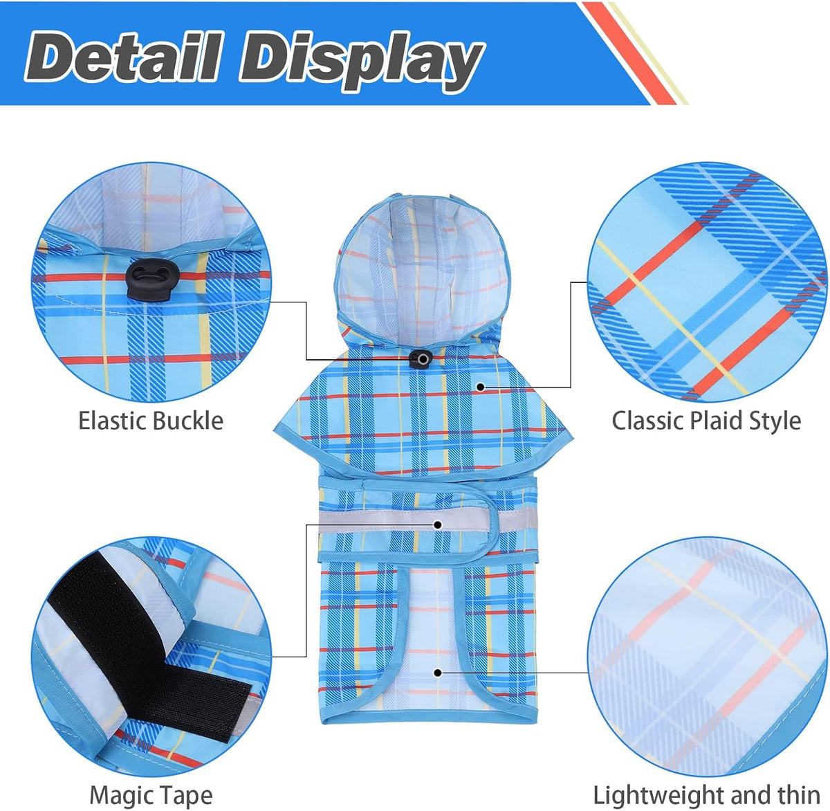 Dog Raincoat Hooded Slicker Poncho with Leash Hole - S:10-15lbs / Plaid Blue - image 3