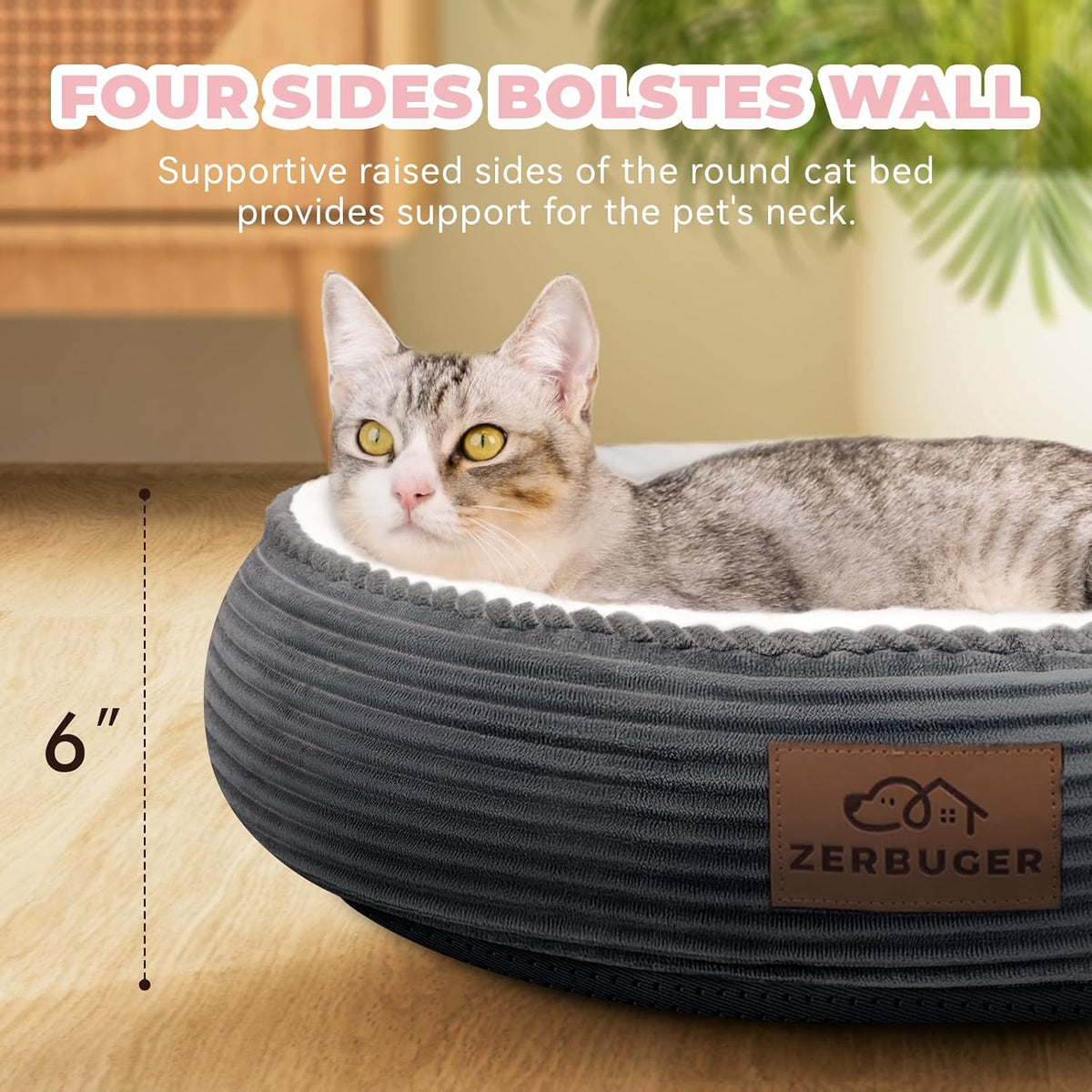 Zerbuger 20in Pink Round Dog Bed Sofa for Dogs Cats - Dark Grey / Small - image 2