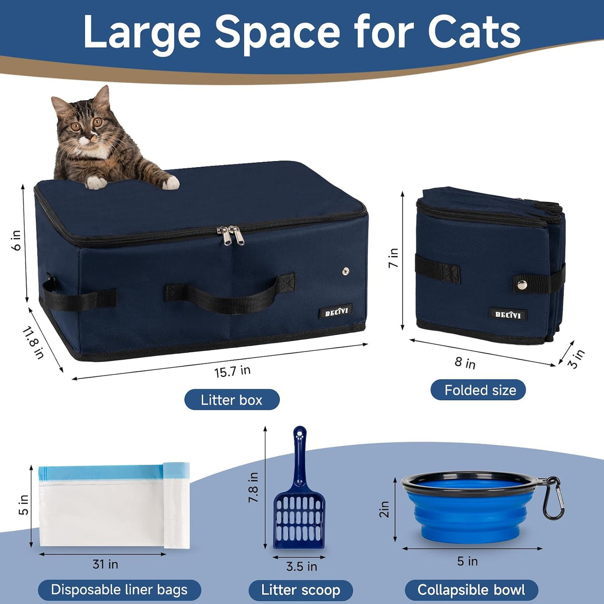 Portable Cat Travel Litter Box with Lid and 10 Pcs Disposable Liner - NAVY - image 2
