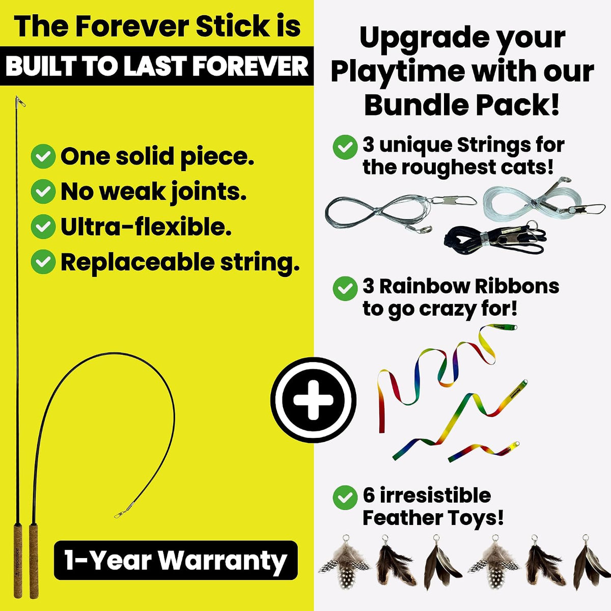 Forever Stick Unbreakable Cat Wand Toy, Durable Feather Teaser – Essentials for Cats - Forever Stick and Extra Toys and Strings - image 4