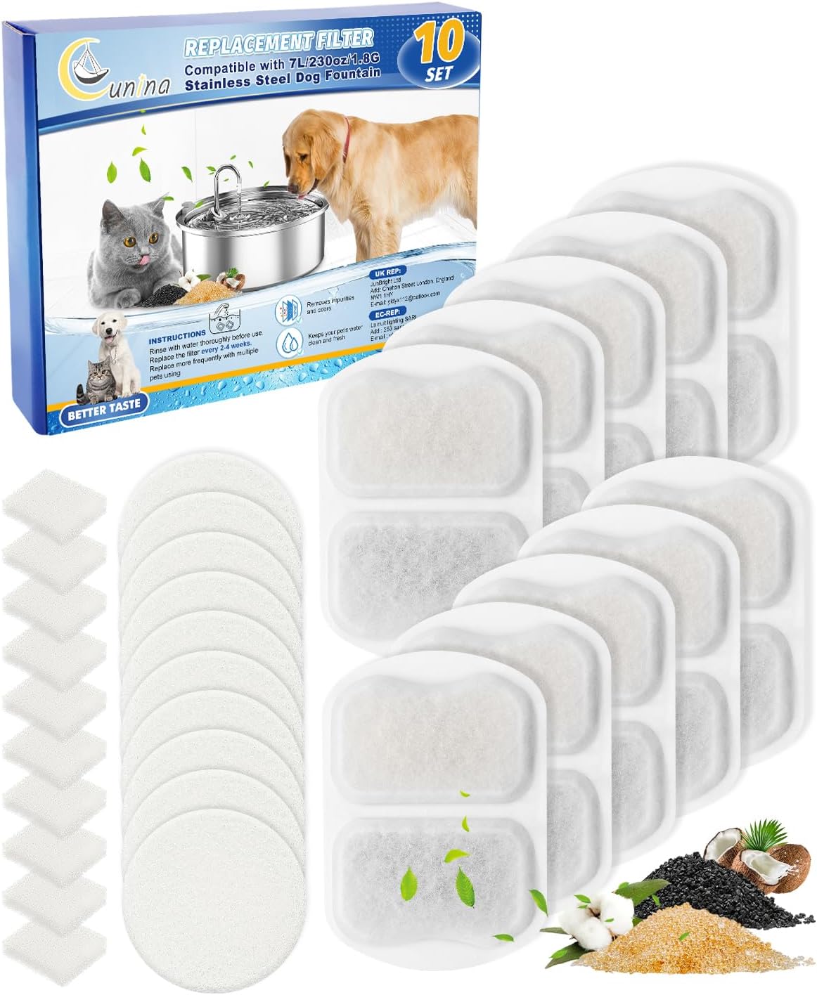 Replacement filter set for oneisall 7L dog water fountain, 10 filters with pre-filters and sponges