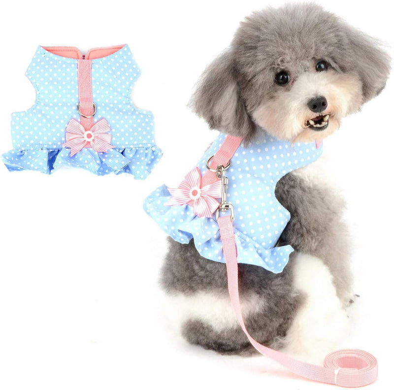 Zunea Polka Dot Small Dog Harness Dress and Leash Set Puppy Vest - XS (Chest:12.2-13.7", Neck:8.2-9.4") / blue dots