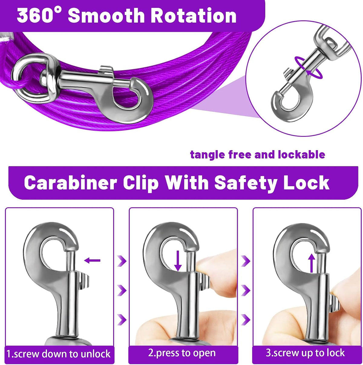 Dog Tie Out Cable, Dog Runner Cable – Essentials for Dogs - 25FT / Purple - image 2