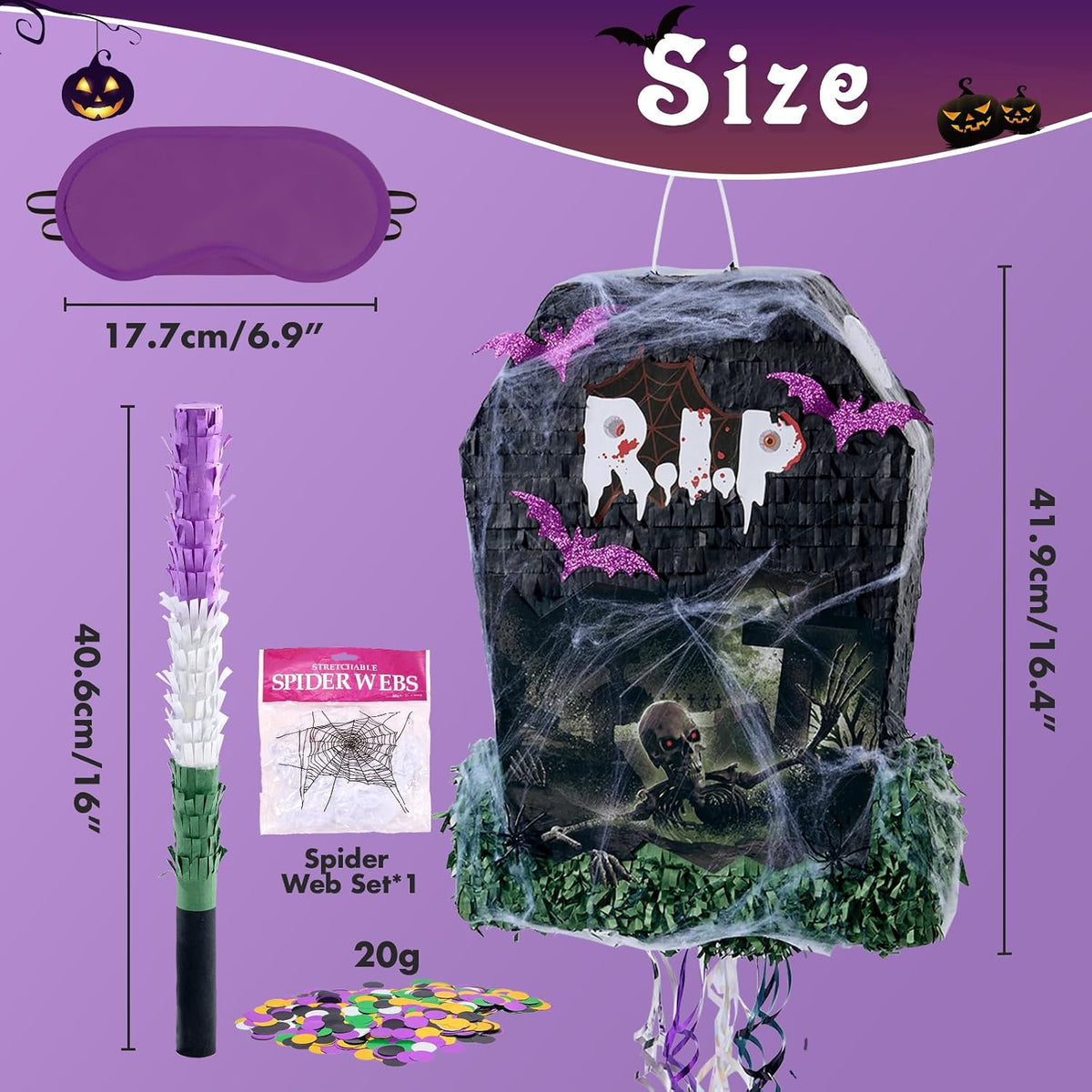 WERNNSAI Halloween skull pumpkin piñata in orange and black with spooky face - view 22