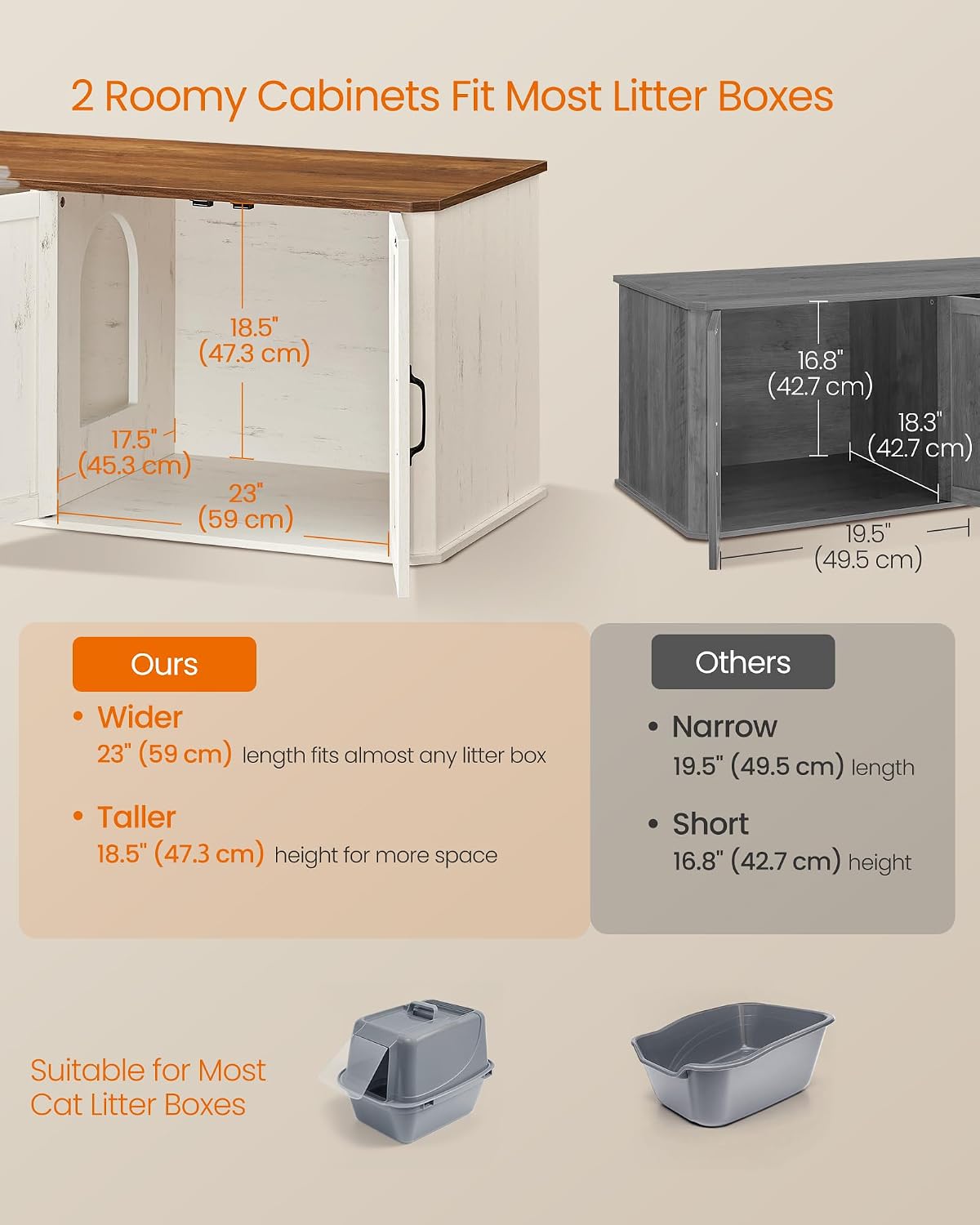 Feandrea Double Cat Litter Box Enclosure for 2 Cats, Front Entry – Essentials for Cats - Honey Brown + Rustic White / XXL (59"L x 19"W x 19.5"H) - image 4