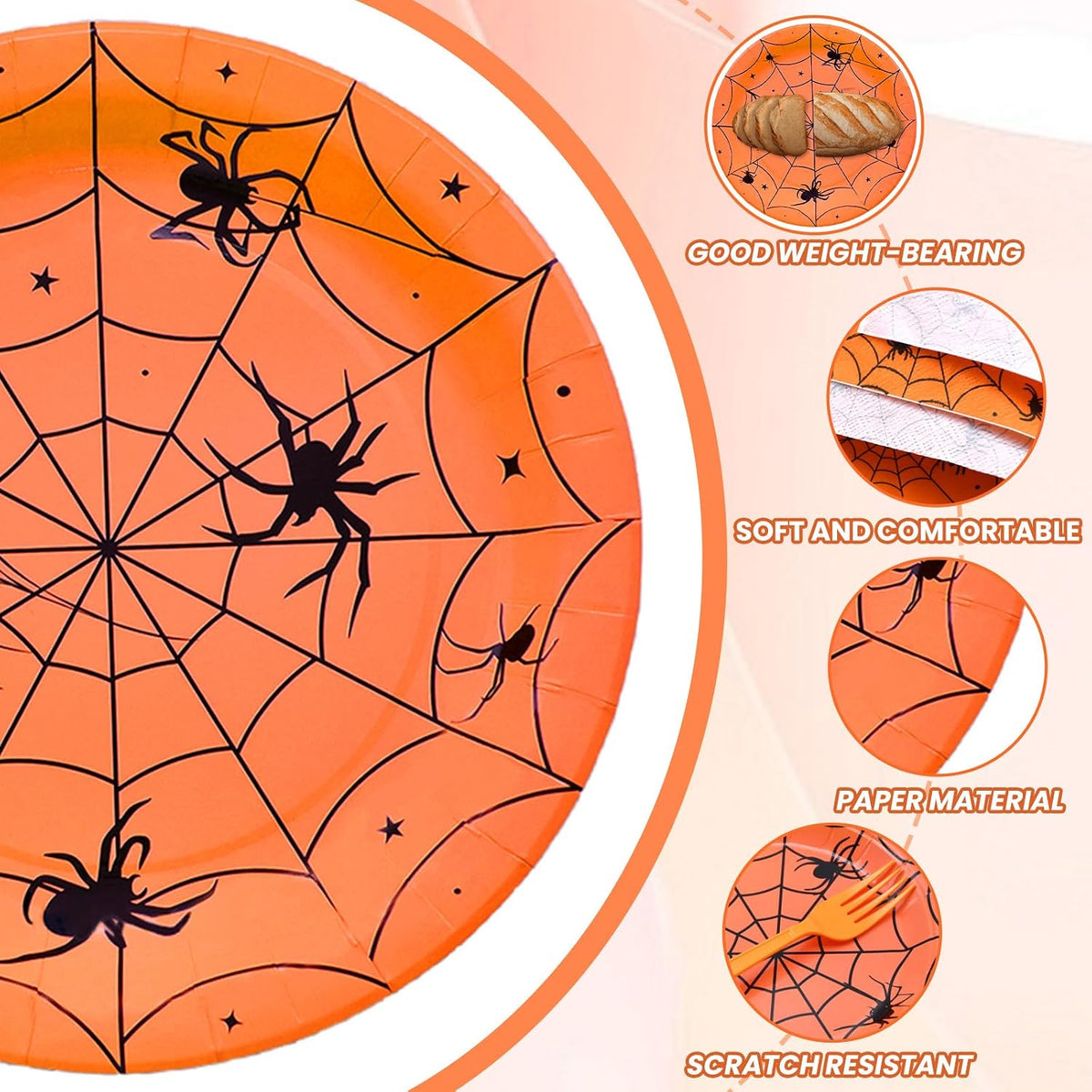 Gistome 96-piece Halloween spider web tableware set with plates, napkins and forks - view 17
