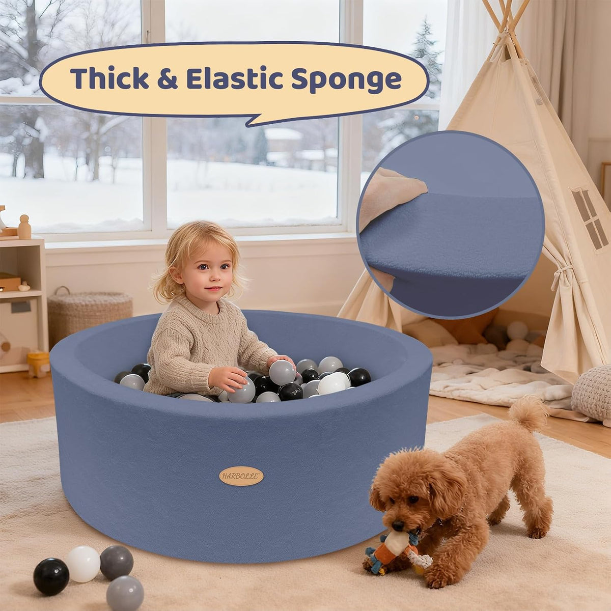 HARBOLLE 35.4" Soft Fleece Ball Pit for Toddlers - Blue - image 3