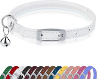OOPSDOGGY Rolled Leather Cat Collar with Bell, Reflective Kitten Collars with Buckle Include Safety Elastic Strap - Adjustable Small Pet Collars for Boy Girl Cats (White)