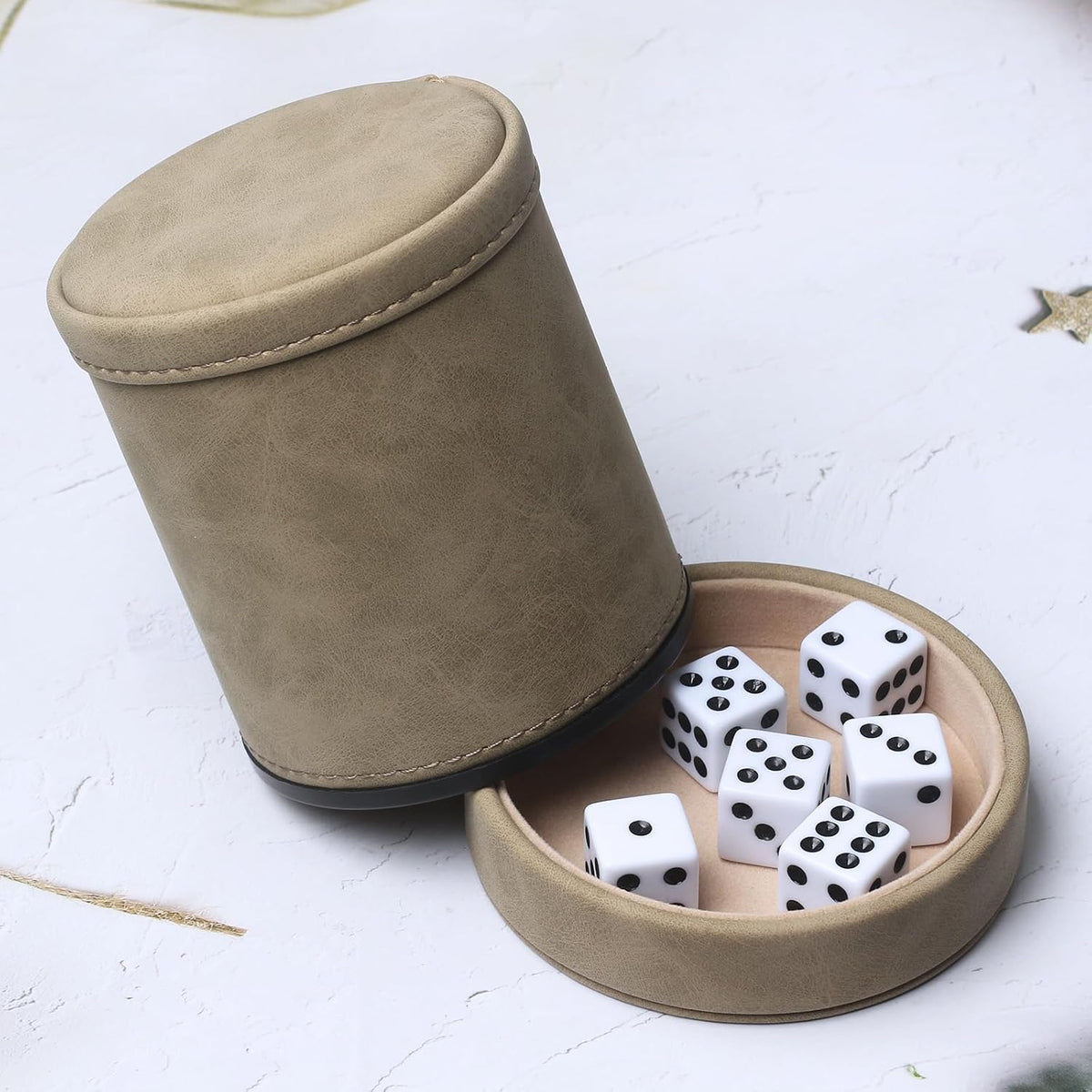 Leatherette Dice Cup with Lid Includes 6 Dices - Suede Brown - image 4