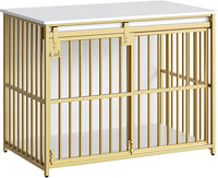 HOOBRO Dog Crate Furniture, 36.6" Heavy Duty Dog Kennel with Sliding Barn Door, Wooden Dog Cage Indoor, Decorative Side End Table for Small/Medium Dogs, White and Gold GD162GW03G1