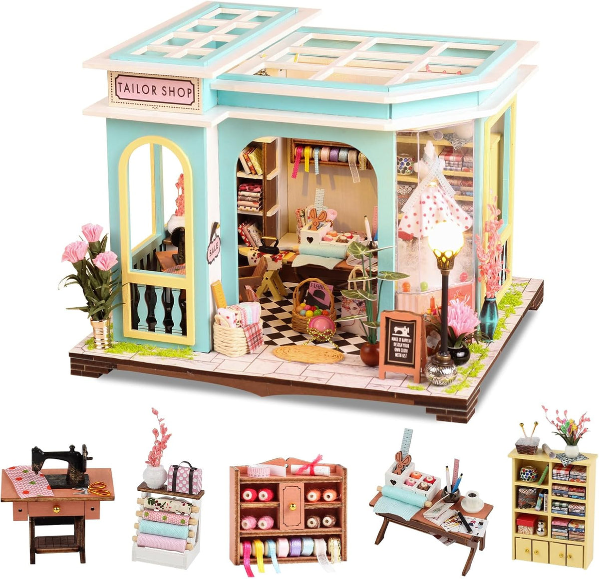 DIY Miniature House Kit, Pet Shop Book Nook Kit with LED Light - Tailor Shop