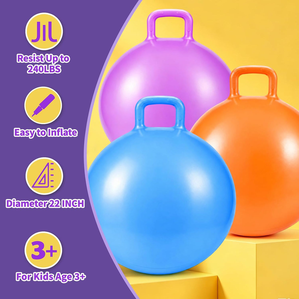 Bouncy Ball with Handle for Kids - 3P 22inch (Orange+Purple+Blue) - image 4