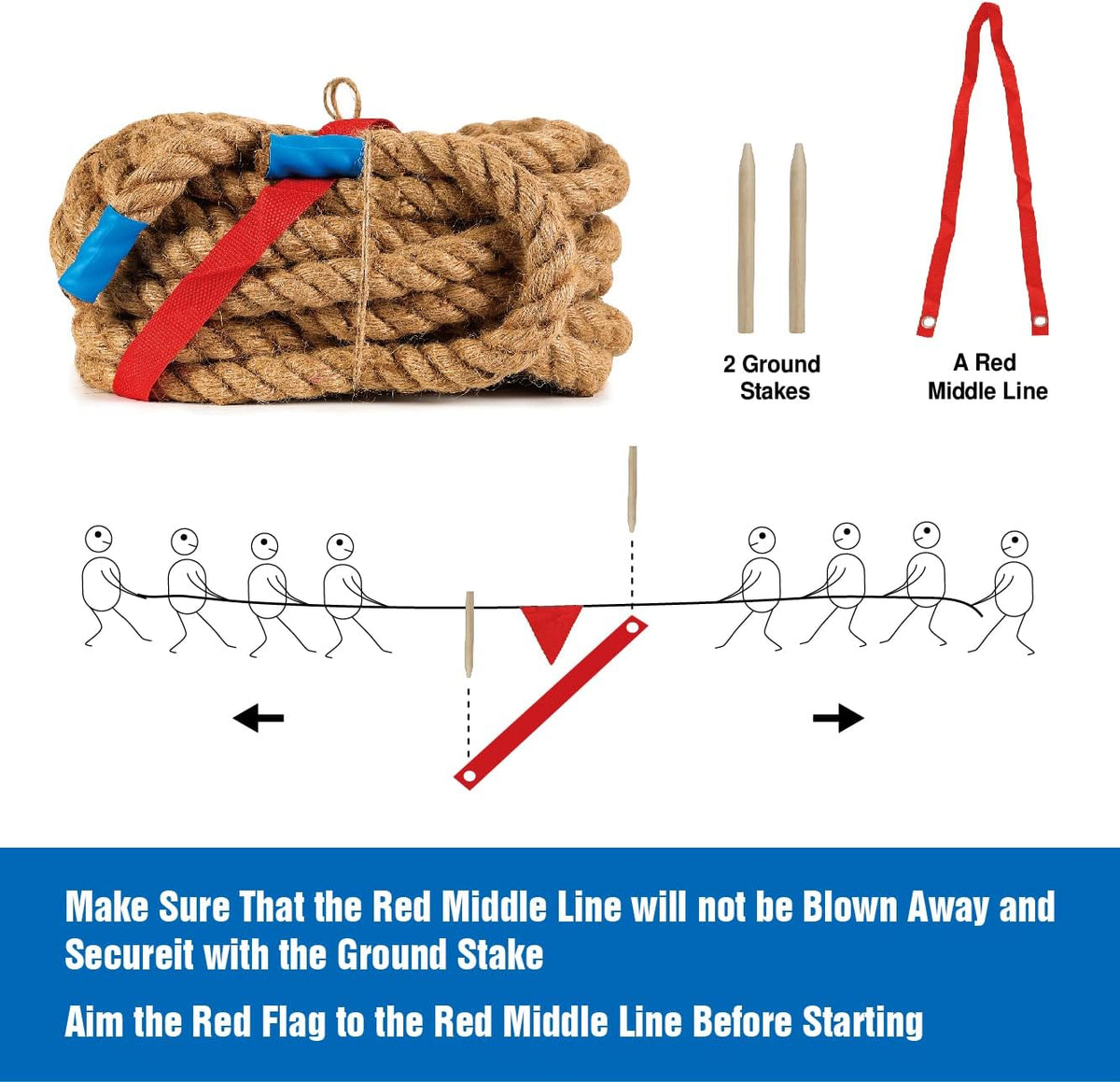 Gothink 50 ft tug of war rope for kids in natural jute with red flag and carrying bag - view 6