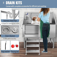 50" Dog Washing Station, Professional Stainless Steel Dog Bathing Station, Equipped/W Three Anti-Slip Steps, Removable Door, Upgraded Spray Nozzle&Hose - for Home, Pet Grooming Salon (50" Left ramp)