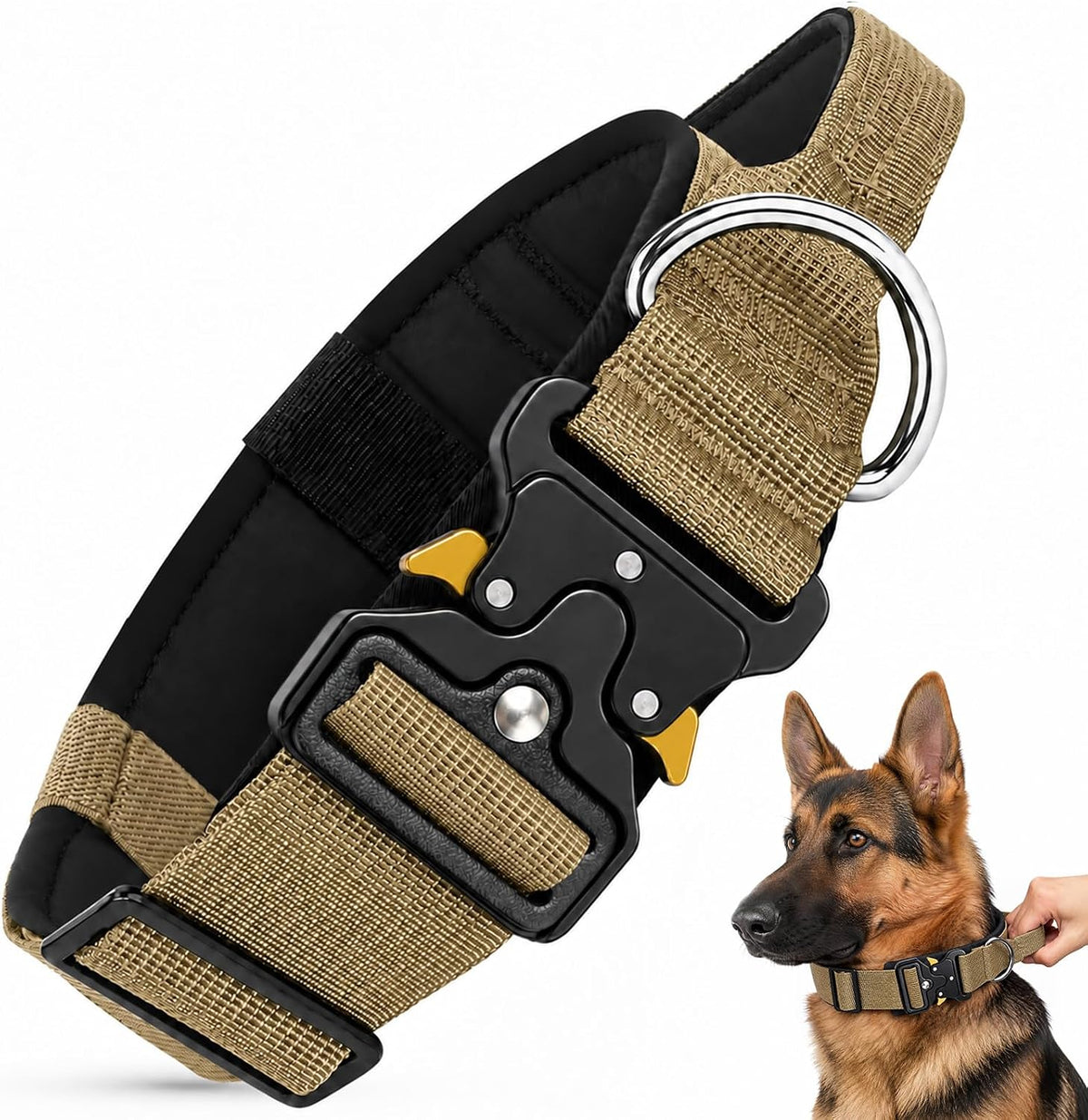 Tactical Dog Collar for Medium Large Dogs with Handle - Khaki / M