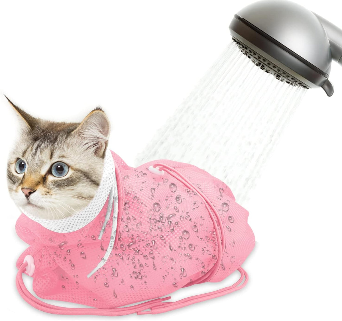Cat Bathing Bag Anti Scratch Grooming Shower Washing Bag for Nail - White-Pink