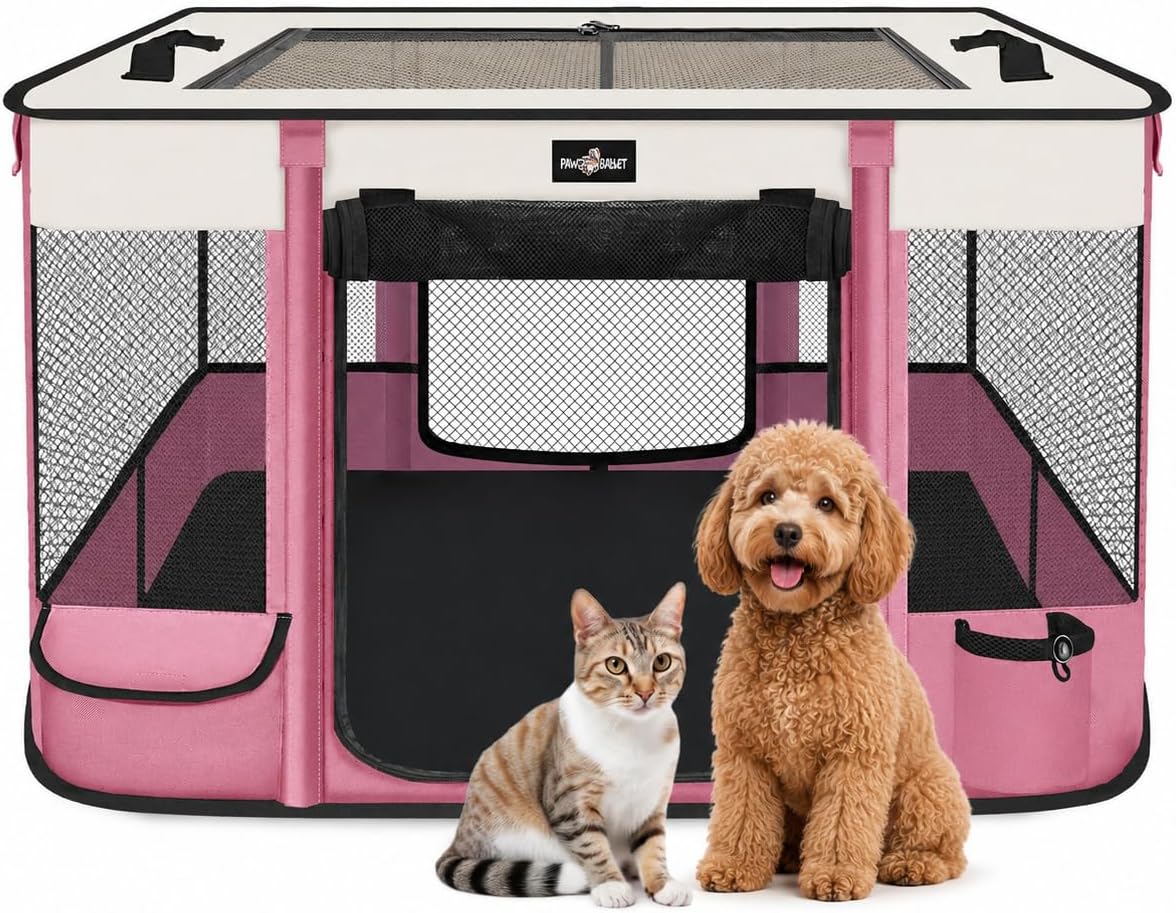 Foldable Pet Kitten Playpen - Pink 03 / Large(35.4''×27.5''×23.6'')