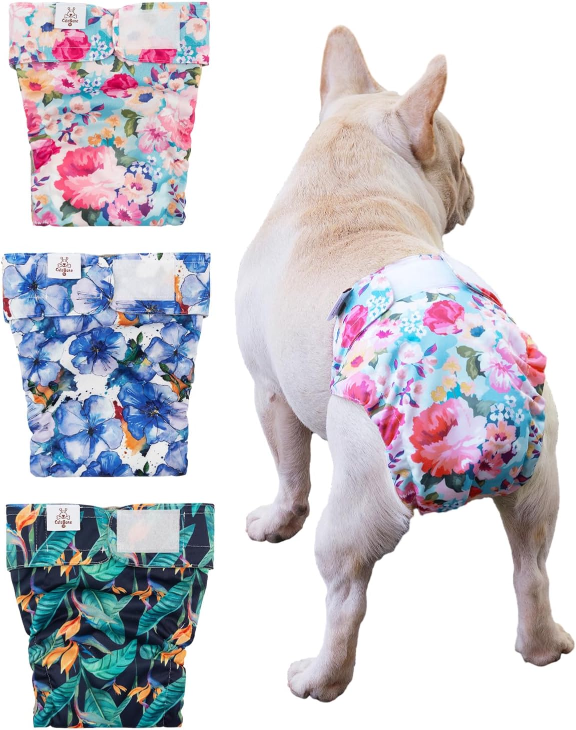 CuteBone Washable Dog Diapers Female No Tail Hole 3 Pack Reusable - For docked-tail, 2#floral / S
