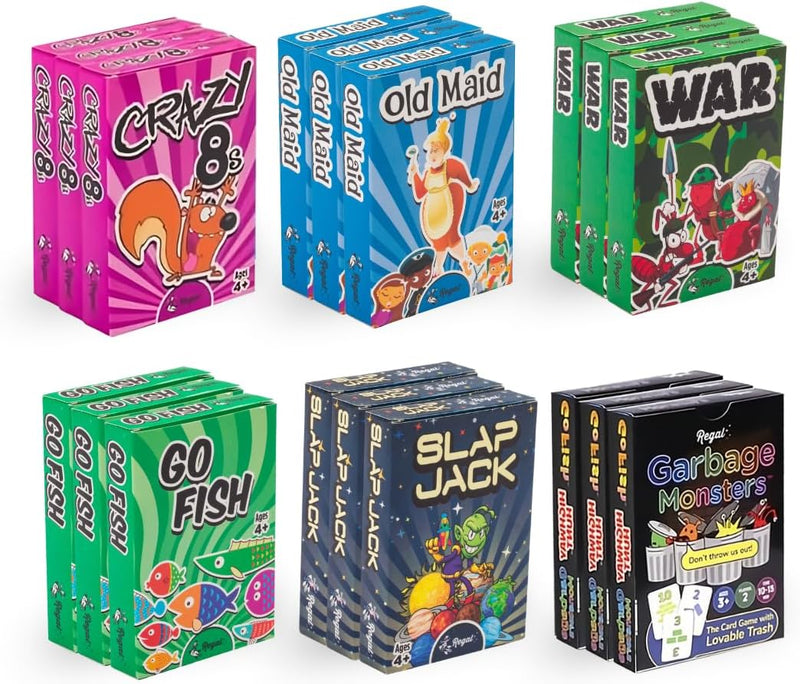 Regal Games Card Games for Kids, Go Fish, Crazy 8's, Old Maid - Original Set of 18 Decks