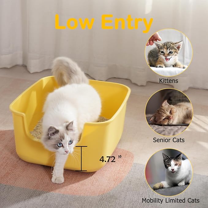 Large Cat Litter Box with High Sides,Cat Boxes for Indoor Cats,Cat Litter Pan for Kitty,Litter Box with Low Entry,Easy to Clean,Anti-Splashing (Grey)